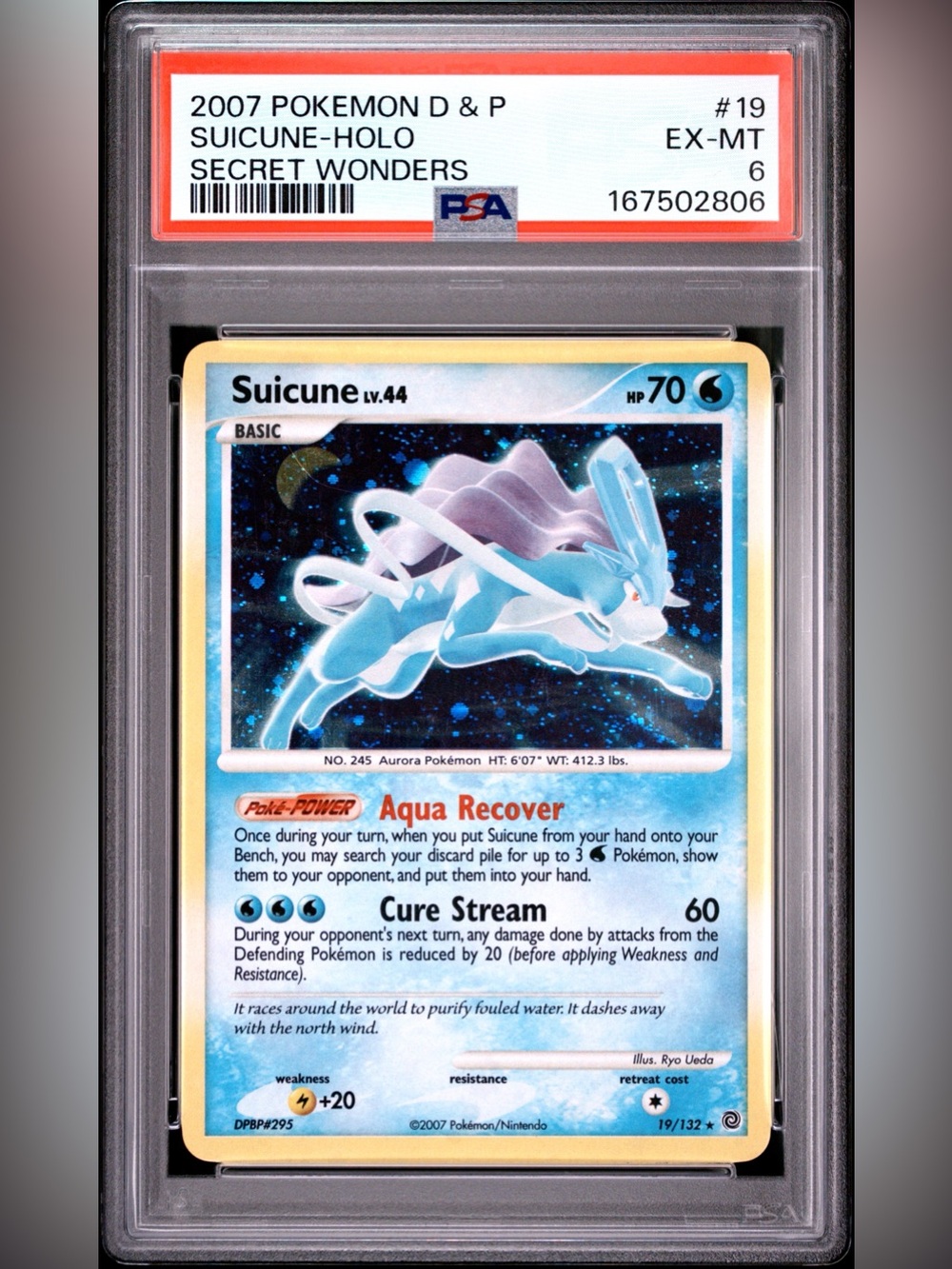 2007 POKEMON DIAMOND & PEARL SECRET WONDERS #19 SUICUNE-HOLO PSA 6 EX-MT
